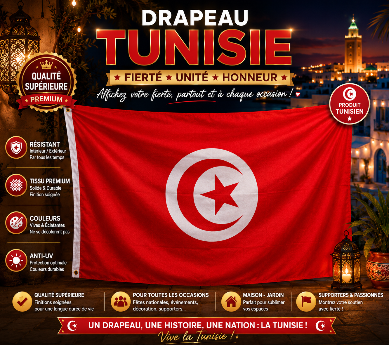 Grand Drapeau Tunisie 90 x 150 cm